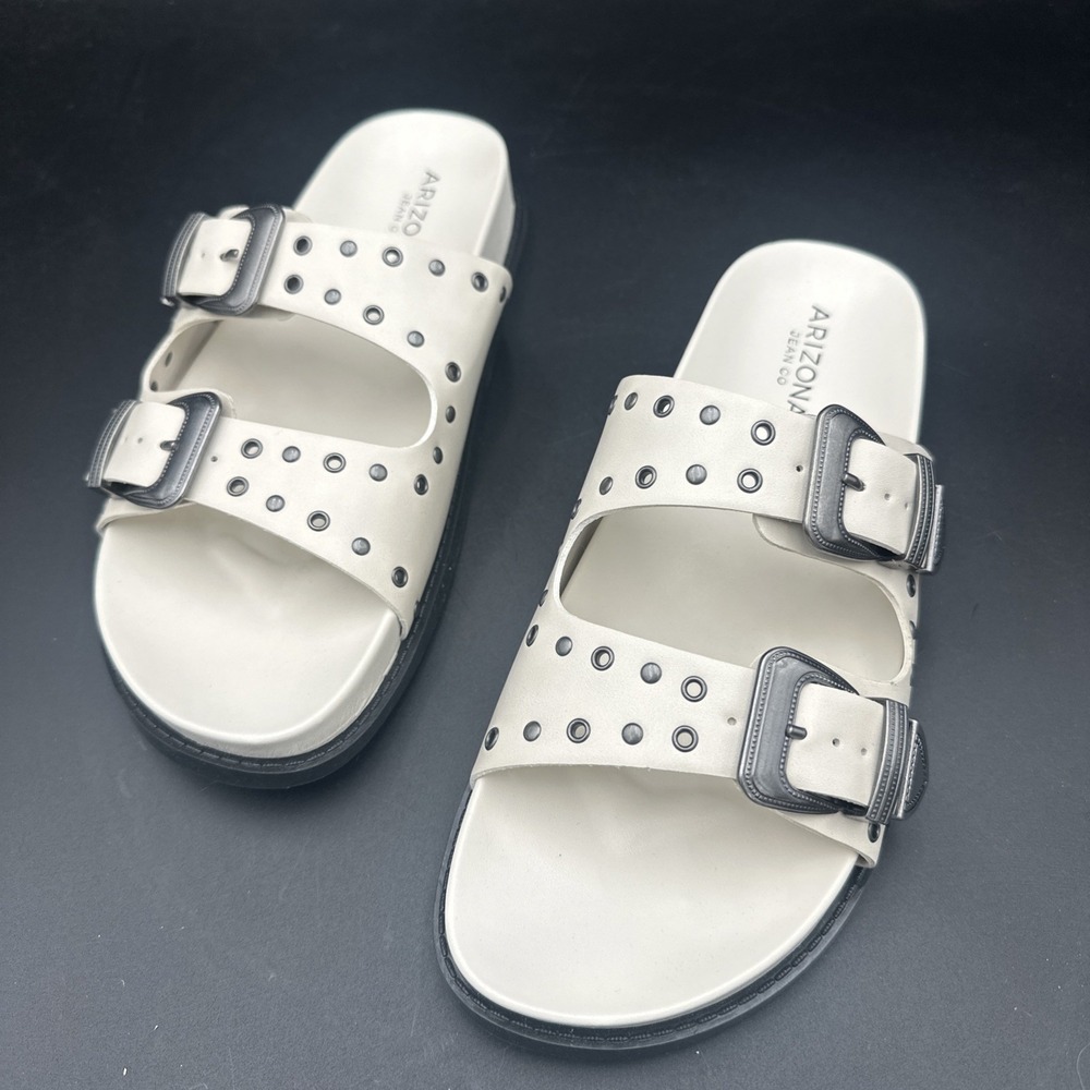 Arizona Jean Co Women's Cream Studded Buckle Slide Sandals Synthetic Upper 8.5